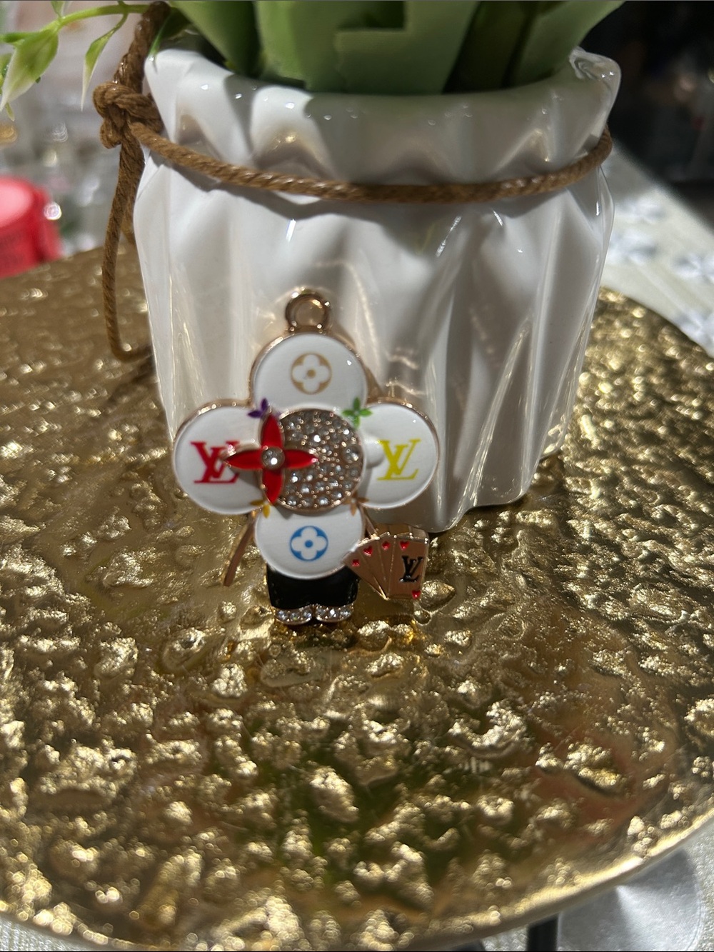 White Multicolor Enamel Vivi Charm Pendant with Crystal & Gold Accents. 2” long